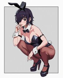 Rule 34 | 1girl, animal ears, bare shoulders, black hair, black leotard, blush, bow, bowtie, breasts, chainsaw man, cigarette, commentary request, detached collar, eyepatch, fake animal ears, fake tail, full body, high heels, highres, himeno (chainsaw man), leotard, looking at viewer, medium breasts, pantyhose, playboy bunny, rabbit ears, rabbit tail, shiren (ourboy83), short hair, solo, squatting, strapless, strapless leotard, tail, wrist cuffs