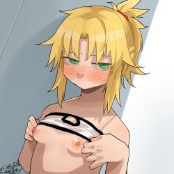 Rule 34 | 1girl, bandeau, blonde hair, blush, breasts, closed mouth, clothes lift, dated, fate/apocrypha, fate/grand order, fate (series), green eyes, guman project, hair ornament, hair scrunchie, highres, lifted by self, looking at viewer, mordred (fate), mordred (fate/apocrypha), nipples, paid reward available, ponytail, red scrunchie, scrunchie, signature, simple background, small breasts, solo, sweat, upper body, white bandeau