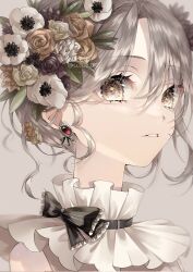 Rule 34 | 1girl, earrings, english text, flower, grey background, hair between eyes, hair flower, hair ornament, hair over eyes, highres, jewelry, long hair, looking at viewer, open mouth, original, simple background, spide r (mxpm3455), twitter username, yellow eyes