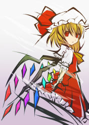 Rule 34 | 1girl, arms behind back, blouse, female focus, flandre scarlet, from side, gradient background, haiiro (hi ghi ro), hat, looking back, mob cap, shirt, solo, standing, touhou, white hat, white shirt