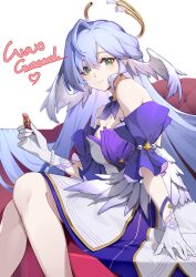 Rule 34 | 1girl, absurdres, breasts, cleavage, cosmetics, detached sleeves, dress, facial mark, feet out of frame, gloves, green eyes, head wings, highres, holding, holding lipstick tube, honkai: star rail, honkai (series), lipstick tube, purple hair, robin (honkai: star rail), short sleeves, sitting, solo, strapless, strapless dress, waxgroud, white background, white dress, white gloves, wings