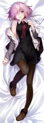 Rule 34 | 1girl, :o, ankle boots, bare shoulders, bed sheet, black-framed eyewear, black dress, blush, boots, breasts, brown footwear, brown pantyhose, dakimakura (medium), dress, unworn eyewear, fate/grand order, fate (series), from above, full body, glasses, grey jacket, hair over one eye, hand on own chest, highres, jacket, knee up, long sleeves, lying, mash kyrielight, medium breasts, necktie, off shoulder, on back, open clothes, open jacket, open mouth, pantyhose, pink hair, purple eyes, red necktie, shirabi, short hair, sleeveless, sleeveless dress, solo, unzipped, zipper