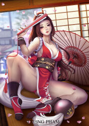 Rule 34 | 1girl, architecture, bare shoulders, breasts, brown hair, cleavage, cuong pham, east asian architecture, fatal fury, large breasts, lips, long hair, ninja, pelvic curtain, petals, ponytail, shiranui mai, sitting, the king of fighters, tree