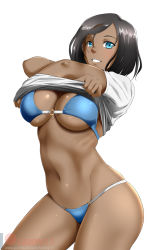 Rule 34 | 1girl, :d, arms up, avatar legends, bikini, black hair, blue bikini, blue eyes, blush, breasts, clothes lift, contrapposto, cowboy shot, grin, highres, kimmy77, korra, large breasts, lifted by self, looking at viewer, navel, o-ring, o-ring bikini, open mouth, shirt, shirt lift, short hair, short sleeves, simple background, skindentation, smile, solo, stomach, swept bangs, swimsuit, teeth, the legend of korra, underboob, white background, white shirt