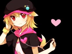 Rule 34 | 1girl, animal ears, black background, blonde hair, digital media player, dog ears, dog tail, earphones, hat, heart, kagamine rin, kemonomimi mode, moe on drop, red eyes, short hair, simple background, solo, tail, vocaloid