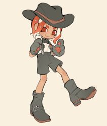 Rule 34 | 1boy, :3, animal hands, babxie, black bow, black bowtie, black footwear, black shorts, boots, bow, bowtie, closed mouth, commentary, cowboy hat, english commentary, full body, gloves, hat, high heel boots, high heels, highres, looking at viewer, male focus, medium hair, nintendo, octoling, octoling boy, octoling player character, orange hair, paw gloves, red eyes, shorts, simple background, smile, solo, splatoon (series), splatoon 3, suspenders, tentacle hair, thick eyebrows, white background