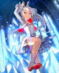 Rule 34 | 1girl, ankle boots, arms up, bare legs, boots, closed mouth, cropped jacket, dress, earrings, frilled dress, frills, high heel boots, high heels, highres, holding, holding sword, holding weapon, ice, jacket, jewelry, leg lift, lens flare, light particles, long hair, looking at viewer, necklace, ponytail, popompon, purple eyes, rapier, rwby, sash, shoe soles, side ponytail, solo, stained glass, sword, weapon, weiss schnee, white dress, white footwear, white hair, white jacket
