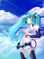 Rule 34 | 1girl, aqua hair, bridal gauntlets, center opening, cloud, contrail, day, elbow gloves, gloves, green eyes, hatsune miku, hatsune miku (append), highres, long hair, looking at viewer, navel, necktie, sky, solo, takana shia, takanashi-a, thighhighs, twintails, very long hair, vocaloid, vocaloid append