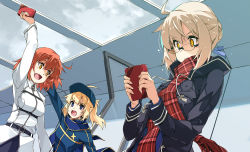 Rule 34 | 3girls, ahoge, arm up, artoria pendragon (fate), bad id, bad twitter id, baseball cap, black-framed eyewear, black jacket, blonde hair, blue eyes, blue headwear, blue ribbon, braid, braided bun, closed mouth, cloud, cloudy sky, collar, commentary, day, fang, fate/grand order, fate (series), fringe trim, frown, fujimaru ritsuka (female), gift, glasses, hair bun, hair ribbon, hair through headwear, hat, highres, holding, holding gift, indoors, jacket, long sleeves, looking at another, looking back, multiple girls, mysterious heroine x (fate), mysterious heroine x alter (fate), mysterious heroine x alter (first ascension) (fate), open clothes, open jacket, open mouth, orange eyes, plaid, plaid scarf, ponytail, reaching, red hair, red scarf, ribbon, rimless eyewear, scarf, shikei, single hair bun, skin fang, sky, standing, valentine, white collar