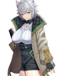 Rule 34 | 1girl, animal ear fluff, animal ears, black gloves, black shorts, breasts, brown eyes, brown jacket, clenched hand, commentary request, dated, fingerless gloves, gloves, grey hair, hair between eyes, hand up, high-waist shorts, highres, jacket, large breasts, long sleeves, na&#039;el (xenoblade), open clothes, open jacket, parted lips, shirt, short shorts, shorts, signature, simple background, sleeveless, sleeveless shirt, solo, v-shaped eyebrows, white background, white shirt, wide sleeves, xenoblade chronicles (series), xenoblade chronicles 3, xenoblade chronicles 3: future redeemed, yamamori kinako