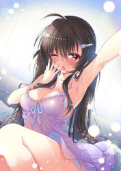 Rule 34 | ahoge, armpits, babydoll, breasts, brown hair, cat hair ornament, cleavage, commentary request, fang, hair between eyes, hair ornament, hair over shoulder, hairclip, hano haruka, knees up, light, light particles, long hair, looking at viewer, medium breasts, one eye closed, open hand, open mouth, original, outstretched arm, pink babydoll, red eyes, sidelocks, sitting, twintails