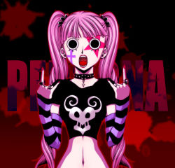 Rule 34 | 1girl, choker, detached sleeves, drill hair, long hair, one piece, open mouth, perona, pink hair, punk rock, pupupu, solo, twintails