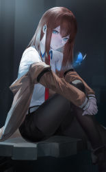 Rule 34 | 1girl, arm strap, black pantyhose, black shorts, blazpu, blouse, blue eyes, brown jacket, bug, butterfly, collared shirt, commentary request, hair between eyes, highres, hugging own legs, insect, jacket, knee up, long hair, looking at viewer, makise kurisu, necktie, off shoulder, pantyhose, red hair, red necktie, ringed eyes, shirt, shirt tucked in, short shorts, shorts, sidelocks, sitting, solo, steins;gate, thighs, white shirt