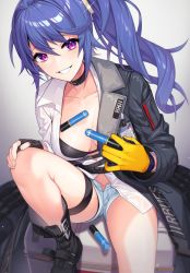 Rule 34 | 1girl, 20mm grenade, 20x30mm grenade, 20x30mm lv p k168, ammunition, black bra, black footwear, black jacket, blue hair, blue shorts, boots, bra, breasts, cannon cartridge, collarbone, denim, denim shorts, dummy round, explosive, girls&#039; frontline, gloves, grenade, grenade cartridge, grin, highres, jacket, k11 (girls&#039; frontline), kinsenka momi, large-caliber cartridge, large breasts, long hair, long sleeves, micro shorts, open clothes, open fly, open jacket, partially unbuttoned, precision-guided munition, purple eyes, shirt, short shorts, shorts, side ponytail, sitting, smart grenade, smile, solo, subsonic ammunition, thigh strap, underwear, white shirt, yellow gloves