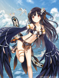 Rule 34 | 10s, 1girl, bird, bird wings, black hair, blush, cloud, day, feathers, hair ornament, leg , leg up, long hair, looking at viewer, lucia (luck &amp; logic), luck &amp; logic, monster girl, official art, original, sandals, sky, smile, solo, winged arms, wings, yuuki rika