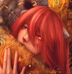 Rule 34 | 1girl, 1other, absurdres, blood, bloody tears, crying, crying with eyes open, elfen lied, expressionless, eye socket, filigree, gustav klimt (style), hand gesture, hand on another&#039;s back, highres, horns, hug, long hair, lucy (elfen lied), red eyes, red hair, signature, solo focus, spiral, sucubuss art, tears, teeth, triangle