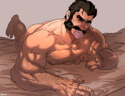 Rule 34 | 1boy, anal hair, arm hair, ass, bara, beard, chest hair, completely nude, condom, condom in mouth, condom wrapper, facial hair, foreshortening, full body, graves (league of legends), hairy, hand gesture, large pectorals, league of legends, leg hair, looking at viewer, male focus, mature male, mouth hold, muscular, muscular male, mustache, nipples, nude, old, old man, on bed, pectorals, rybiok, sexually suggestive, short hair, solo, stubble, thick eyebrows, veins, wrinkled skin