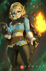 Rule 34 | 1girl, artist name, blonde hair, braid, breasts, cape, commentary request, crown braid, david semsei, fingerless gloves, from below, glasses, gloves, green eyes, hair ornament, hairclip, highres, holding, holding torch, looking at viewer, medium breasts, nintendo, parted bangs, pointy ears, princess zelda, round eyewear, short hair, solo, the legend of zelda, the legend of zelda: breath of the wild, the legend of zelda: tears of the kingdom, thick eyebrows, torch