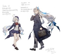 Rule 34 | 1boy, 1girl, ahoge, belt, blue belt, blue bow, blue coat, blue eyes, blue hair, blue skirt, bow, bowtie, brown footwear, coat, contemporary, feather hair ornament, feathers, full body, furina (genshin impact), genshin impact, grey pants, grey sweater vest, hair bow, hair ornament, highres, loafers, long hair, long sleeves, looking at viewer, low-tied long hair, multicolored hair, neuvillette (genshin impact), pants, red bow, red bowtie, school uniform, shirt, shoes, simple background, skirt, streaked hair, sweater vest, teacher and student, very long hair, white background, white hair, white shirt, xuemen