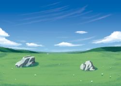 Rule 34 | absurdres, bandai visual, blue sky, commentary request, day, field, flower, grass, highres, horizon, meadow, no humans, original, outdoors, rock, sasakura momiji, scenery, sky