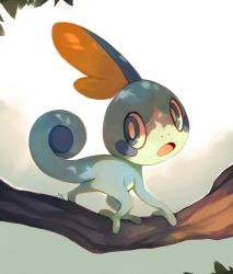 Rule 34 | :o, blue eyes, branch, commentary, creature, creatures (company), full body, game freak, gen 8 pokemon, looking back, nintendo, no humans, pokemon, pokemon (creature), salanchu, signature, simple background, sobble, solo, white background