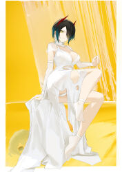 Rule 34 | 1girl, absurdres, alternate color, alternate costume, arm behind back, ass, azur lane, bare legs, bare shoulders, black hair, breasts, cleavage, cleavage cutout, clothing cutout, detached sleeves, dress, full body, grin, hair over one eye, hand up, highres, horns, large breasts, leg up, legs, looking at viewer, multicolored hair, panties, presenting, slit pupils, smile, solo, suo bu ye feng, teasing, thighs, two-tone hair, ulrich von hutten (azur lane), underwear, upskirt, white dress, white hair, white panties, yellow eyes