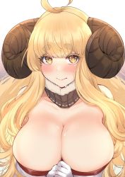 Rule 34 | 1girl, ahoge, akano yomi, anila (granblue fantasy), bare shoulders, blonde hair, blunt bangs, blush, breasts, cleavage, closed mouth, collarbone, draph, eyebrows, gloves, granblue fantasy, highres, horns, large breasts, lips, long hair, looking at viewer, sheep horns, short eyebrows, simple background, solo, sweat, thick eyebrows, upper body, very long hair, white background, white gloves, yellow eyes