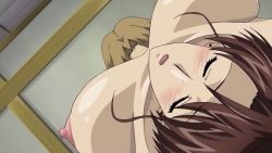 Rule 34 | 1boy, 1girl, animated, animated gif, blush, bouncing breasts, breasts, brown hair, closed eyes, cunnilingus, hetero, huge breasts, moaning, nipples, nude, open mouth, oral, teeth, tongue, yama hime no mi