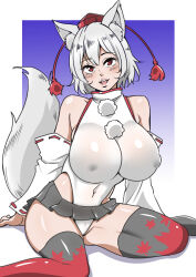 Rule 34 | 1girl, animal ear fluff, animal ears, bare shoulders, black skirt, black thighhighs, breasts, commentary request, covered erect nipples, covered navel, detached sleeves, gradient background, hat, head tilt, highres, huge breasts, inubashiri momiji, leaf print, leotard, looking at viewer, maple leaf print, microskirt, open mouth, pom pom (clothes), red eyes, red hat, shiraue yuu, short hair, sitting, skirt, solo, tail, teeth, thighhighs, tokin hat, touhou, upper teeth only, wariza, white hair, white leotard, wolf ears, wolf tail