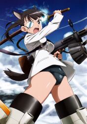 Rule 34 | 1girl, absurdres, animal ears, black hair, black one-piece swimsuit, blue sky, breasts, cloud, day, dog ears, dog girl, dog tail, drum magazine, dual wielding, extra ears, eyepatch, flying, gun, heavy machine gun, highres, holding, holding gun, holding sword, holding weapon, katana, large breasts, long hair, looking at viewer, machine gun, magazine (weapon), military, military uniform, no pants, official art, one-piece swimsuit, open mouth, outdoors, ponytail, print eyepatch, sakamoto mio, school swimsuit, shiny clothes, shiny skin, shirt, sky, solo, strike witches, striker unit, swimsuit, swimsuit under clothes, sword, tail, takamura kazuhiro, type 99 cannon, uniform, weapon, white shirt, world witches series