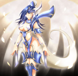 Rule 34 | ankle boots, armor, blue hair, boots, breasts, cardfight!! vanguard, cleavage, cosplay, gender request, genderswap, hair ornament, headgear, highres, royal paladin, sendou aichi, soul saver dragon, vanguard ride, wings