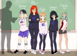 Rule 34 | absurdres, bad tag, baseball cap, black eyes, black hair, blonde hair, blue eyes, blush, breasts, chalkboard, crossed arms, english text, freckles, glasses, green eyes, green hair, grin, gym shorts, gym uniform, hat, highres, hood, hoodie, indoors, long hair, looking at viewer, low twintails, mangayre, multiple girls, orange hair, pants, pantyhose, red hair, school uniform, seventh grade chronicles, shirt, shoes, short hair, short twintails, shorts, smile, sneakers, socks, sportswear, standing, twintails