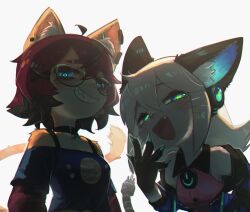 Rule 34 | 2girls, aeiou (yoako), ahoge, animal ear fluff, animal ears, animal nose, bare shoulders, black-framed eyewear, black choker, black hair, blue eyes, body fur, borrowed character, cable, cat ears, cat girl, cat tail, choker, commentary, digitan (porforever), ear piercing, earclip, electric plug, english commentary, fang, furrification, furry, furry female, glasses, grin, hair between eyes, hair ornament, hairband, hairclip, headphones, highres, jupiter symbol, laughing, layered sleeves, leaning forward, long hair, long sleeves, looking at viewer, looking down, making-of available, multicolored hair, multiple girls, off shoulder, open mouth, original, piercing, porforever, power symbol-shaped pupils, red hair, sharp teeth, short hair, short over long sleeves, short sleeves, simple background, sleeveless, smile, smug, star-shaped pupils, star (symbol), symbol-shaped pupils, tail, tail raised, teeth, two-tone hair, upper body, whiskers, white background, white hairband, x hair ornament