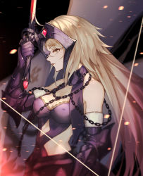 Rule 34 | 1girl, bare shoulders, black dress, black gloves, blonde hair, breasts, chain, commentary request, detached sleeves, dress, fate/grand order, fate (series), fur-trimmed sleeves, fur trim, gauntlets, gloves, headpiece, highres, holding, holding sword, holding weapon, jeanne d&#039;arc alter (avenger) (fate), jeanne d&#039;arc alter (avenger) (third ascension) (fate), jeanne d&#039;arc alter (fate), long hair, medium breasts, parted lips, profile, solo, sword, upper body, ura illust, very long hair, weapon