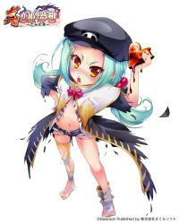 Rule 34 | 1girl, annoyed, arm up, black coat, blush, boots, brown eyes, chinkyuu, chocolate, coat, copyright name, cutoffs, denim, denim shorts, from above, green hair, hair bobbles, hair ornament, hairclip, hand on own hip, hat, highres, holding, kapimaru, koihime musou, long hair, looking up, loose thighhigh, melting, navel, open clothes, open mouth, open shirt, open shorts, shirt, short shorts, shorts, simple background, solo, striped clothes, striped thighhighs, thighhighs, torn clothes, torn coat, torn thighhighs, twintails, unbuttoned, valentine, white background, white shirt