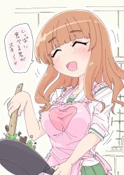 Rule 34 | 1girl, :d, apron, blouse, blunt bangs, blush, bob (you-u-kai), closed eyes, commentary, cooking, facing viewer, frilled apron, frills, frying pan, girls und panzer, green skirt, heart, heart apron, heart print, holding, holding pan, holding spatula, indoors, kitchen, long hair, long sleeves, motion lines, ooarai school uniform, open mouth, orange eyes, orange hair, pink apron, pleated skirt, school uniform, serafuku, shirt, skirt, sleeves rolled up, smile, solo, spatula, standing, takebe saori, translated, upper body, white shirt
