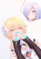 Rule 34 | 2girls, absurdres, bare shoulders, black legwear, blonde hair, blue nails, blush, chan sang, commentary request, dress, earrings, eyelashes, feet, flower, foot focus, foot on another&#039;s face, foot on another&#039;s face, genshin impact, gloves, gradient eyes, hair between eyes, hair flower, hair ornament, hair over one eye, highres, jewelry, lumine (genshin impact), multicolored eyes, multiple girls, nail polish, no shoes, partially fingerless gloves, shenhe (genshin impact), silver hair, tassel, tassel earrings, toe ring, toenail polish, toenails, toes, white dress, yellow eyes