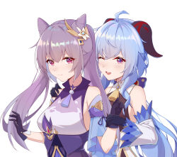 Rule 34 | 2girls, ;d, black gloves, blue hair, blue sleeves, closed mouth, cone hair bun, detached sleeves, ganyu (genshin impact), genshin impact, gloves, hair bun, hair ornament, highres, horns, ironmarch, keqing (genshin impact), long hair, long sleeves, multiple girls, one eye closed, open mouth, ponytail, purple eyes, purple hair, red eyes, simple background, smile, twintails, upper body, white background, white sleeves