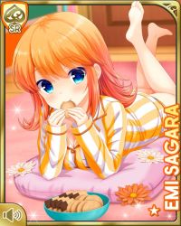 Rule 34 | 1girl, alternate hairstyle, bedroom, blue eyes, bow, bowl, breasts, card (medium), character name, clock, closed mouth, collarbone, cookies, door, dresser, eating, english text, flower, girlfriend (kari), indoors, large breasts, looking at viewer, lying, medium hair, official art, on stomach, orange hair, pajamas, pillow, qp:flapper, red bow, sagara emi, shirt, shorts, smile, striped, tagme, the pose, white shirt