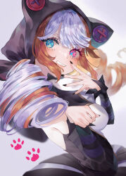 Rule 34 | 1girl, animal ears, black dress, black hood, black nails, blue eyes, brown hair, buttons, cat ears, detached sleeves, dress, fake animal ears, from side, grin, gwen (league of legends), hands up, heterochromia, highres, hood, hood up, league of legends, looking at viewer, nail polish, paw print, pink eyes, revision, smile, solo, soul fighter gwen, striped sleeves, teeth, usagi (3828164), white background, white hair