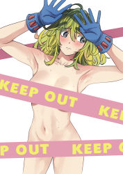 Rule 34 | 1girl, ahoge, armpits, blue eyes, blue gloves, blush, boku no hero academia, breasts, breasts apart, caution tape, closed mouth, collarbone, commentary, convenient censoring, cowboy shot, embarrassed, gloves, green hair, hagakure tooru, hair between eyes, hands up, highres, keep out, large breasts, long hair, looking away, looking to the side, messy hair, navel, nude, pubic hair, simple background, solo, sparse pubic hair, stomach, sweat, unusually visible, wavy mouth, white background, xter