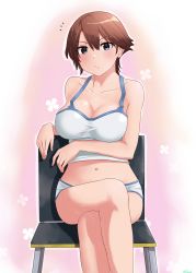 Rule 34 | 1girl, absurdres, alternate costume, breasts, brown hair, camisole, chair, cleavage, commentary request, cowboy shot, flipped hair, hiei (kancolle), highres, jouzaburou (joe3), kantai collection, large breasts, looking at viewer, midriff, navel, purple eyes, short hair, short shorts, shorts, solo, white camisole, white shorts