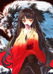 Rule 34 | 1girl, black hair, dress, heart, japanese clothes, long hair, looking at viewer, orange eyes, pantyhose, red eyes, shunsei (muratou), solo, wolf