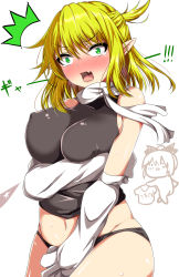 Rule 34 | 1girl, @ @, ^^^, absurdres, ar (lover boy), arm warmers, black panties, blonde hair, blush, breasts, chibi, chibi inset, commentary request, covered erect nipples, cowboy shot, green eyes, half updo, highres, kurodani yamame, large breasts, looking at viewer, mizuhashi parsee, navel, panties, pointy ears, scarf, simple background, solo, solo focus, sweat, tears, touhou, turtleneck, underwear, white background, white scarf