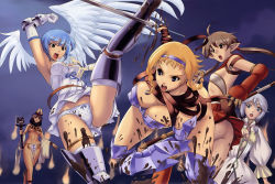 Rule 34 | 00s, 1boy, 4girls, absurdres, ancient princess menace, angel of light nanael, armor, ass, asymmetrical wings, black hair, blonde hair, blue eyes, blue hair, blush, braid, breasts, brown eyes, brown hair, buckle, cleavage, eiwa, elf, exiled warrior leina, fiotiel shalaklard, flat chest, forest keeper nowa, gloves, hairband, highres, jewelry, large breasts, leina (queen&#039;s blade), leina (queen's blade), long hair, menace (queen&#039;s blade), menace (queen's blade), milk, mud, multiple girls, musha miko tomoe, nanael (queen&#039;s blade), nanael (queen's blade), nowa (queen&#039;s blade), nowa (queen's blade), open mouth, panties, pointy ears, polka dot, polka dot panties, queen&#039;s blade, setra, short hair, skirt, staff, striped clothes, striped panties, sword, tomoe (queen&#039;s blade), tomoe (queen's blade), trap, twintails, underboob, underwear, weapon, wings