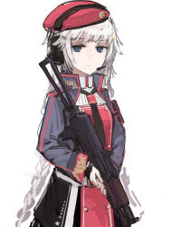 Rule 34 | 1girl, assault rifle, beret, black dress, black neckerchief, blue eyes, blue jacket, braid, closed mouth, dress, girls&#039; frontline, gun, hat, headset, highres, holding, holding weapon, jacket, kalashnikov rifle, looking at viewer, neckerchief, open clothes, open jacket, ots-12 (girls&#039; frontline), ots-12 tiss, rampart1028, red dress, red hat, rifle, simple background, solo, twin braids, two-tone dress, weapon, white background, white hair