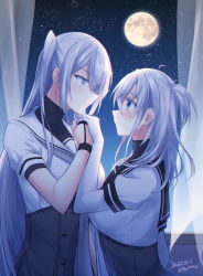 Rule 34 | 2girls, black gloves, black sailor collar, blue eyes, blush, bodysuit, commentary request, curtains, dated, eye contact, full moon, fuyutsuki (kancolle), gloves, grey hair, grey neckerchief, hair between eyes, highres, holding hands, kabocha torute, kantai collection, long hair, looking at another, moon, multiple girls, neckerchief, night, night sky, one side up, partially fingerless gloves, sailor collar, school uniform, serafuku, short sleeves, sky, smile, star (sky), starry sky, suzutsuki (kancolle), twitter username, upper body, very long hair, white bodysuit, white sailor collar, window, yuri
