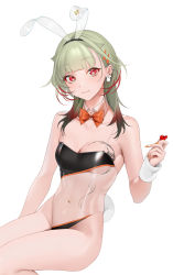 Rule 34 | 1girl, :3, animal ears, azur lane, bare shoulders, blunt bangs, blush, bow, bowtie, breast tattoo, breasts, cleavage, closed mouth, collarbone, commentary, detached collar, ear piercing, earrings, fake animal ears, fake tail, fingernails, giuseppe garibaldi (azur lane), gradient hair, green hair, heart, highleg, highleg leotard, highres, holding, holding heart, invisible chair, jewelry, leotard, long fingernails, multicolored hair, nail polish, navel, ohisashiburi, orange bow, orange bowtie, orange nails, piercing, rabbit earrings, rabbit ears, red eyes, red hair, see-through, simple background, sitting, smile, solo, stomach, symbol-only commentary, tail, tattoo, white background, wrist cuffs