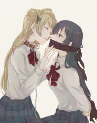 Rule 34 | 10s, 2girls, bdsm, blue hair, bondage, bound, bound arms, bow, bowtie, brown hair, chain, closed eyes, cloth gag, collar, collared shirt, covered mouth, face-to-face, gag, improvised gag, long fingers, long hair, long sleeves, love live!, love live! school idol project, manasseh, minami kotori, multiple girls, muted color, one side up, school uniform, shirt, sonoda umi, striped bow, striped bowtie, striped clothes, striped neckwear, white shirt, yellow eyes, yuri