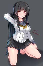 Rule 34 | 1girl, absurdres, arm behind head, artist name, baileys (tranquillity650), barefoot, black hair, blush, breasts, buttons, closed mouth, collarbone, full body, grey sailor collar, grey skirt, hair ribbon, hand in own hair, highres, isokaze (kancolle), kantai collection, long hair, long sleeves, medium breasts, pleated skirt, red eyes, red ribbon, ribbon, sailor collar, school uniform, serafuku, sidelocks, signature, skirt, smile, solo, tress ribbon, twitter username